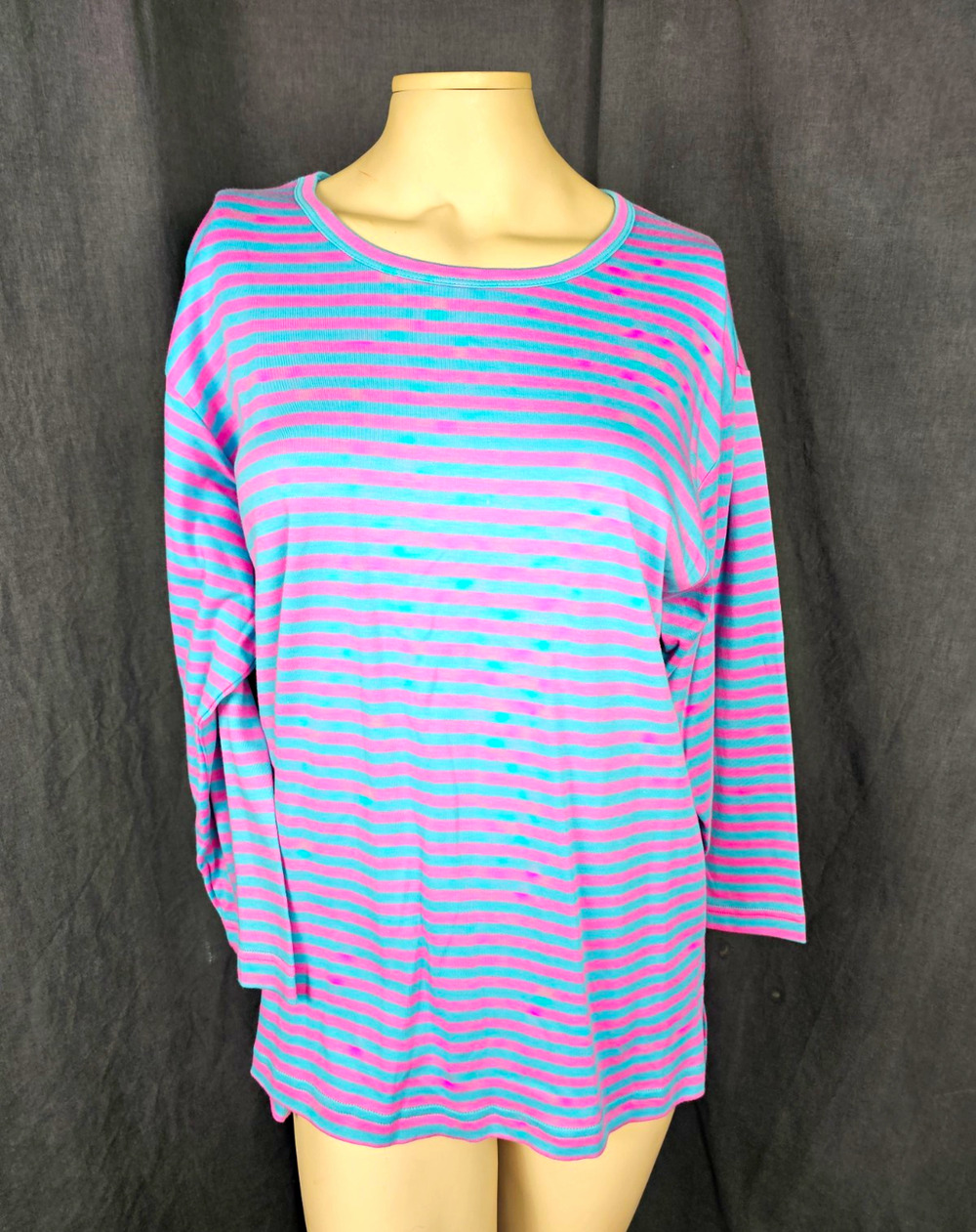 Bordado Vintage 90s Striped Shirt Womens M Pima Cotton Pink Teal Retro Long Slve